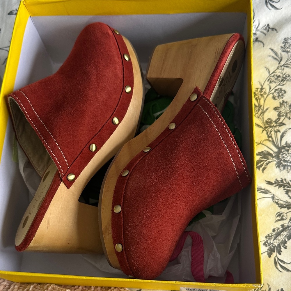 Boden Red Suede Wood Platform Clogs